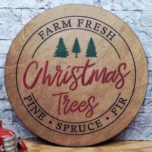 Farm Fresh Christmas Trees Aged Wood Round Sign Holiday Wall or Shelf Decor